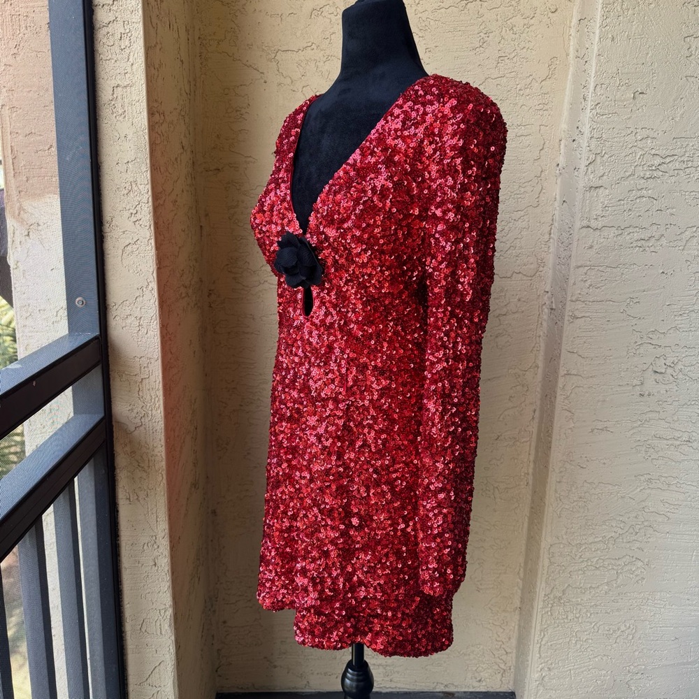 Dress the Population Tula Sequin Mini Dress Sz L Red Rouge Cut out Love - Picture 6 of 14